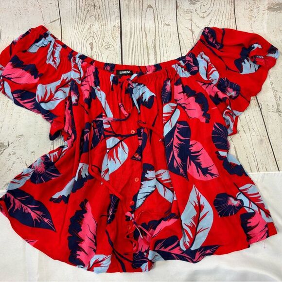 Express Red Cropped Top w/ Blue Botanical Print Flared Sleeve Elastic Boat Neck - Picture 1 of 7